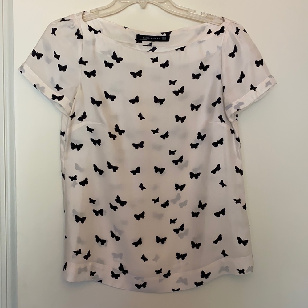 Zara 100% Silk Butterfly Print Top Size XS